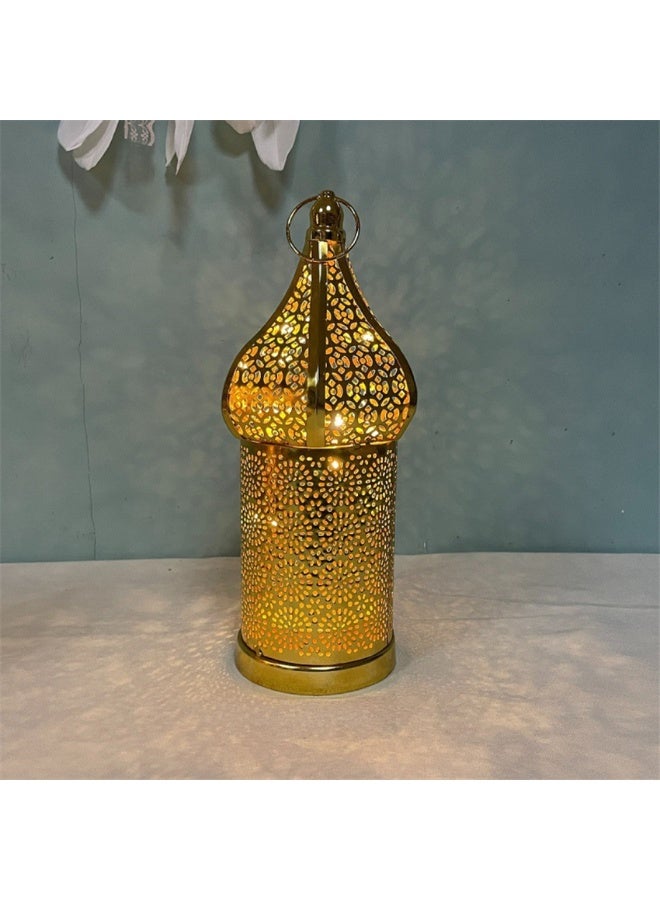 Ramadan Lantern Candle Holder, Metal Eid Mubarak Lantern Decor Lights, Moroccan Hollowed Lantern Lighting Decoration for Home Table Party Ramadan Tabletop, 10*10*26cm (Gold -S) - Image 1